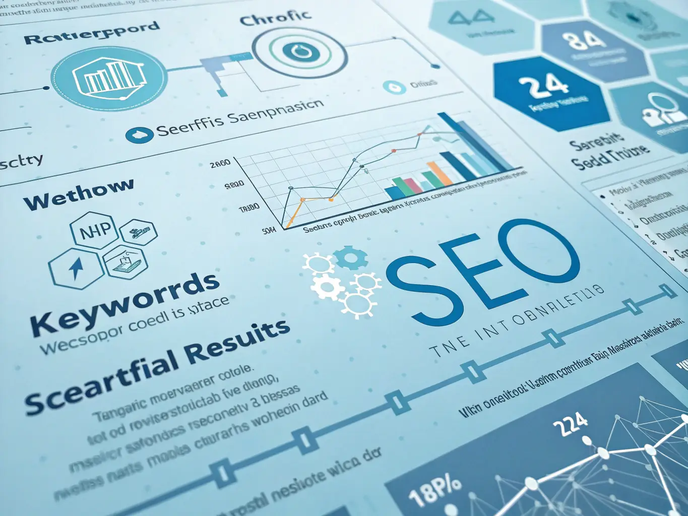 A visual representation of SEO strategies, such as keyword research, link building, and content optimization, depicted through charts and graphs.